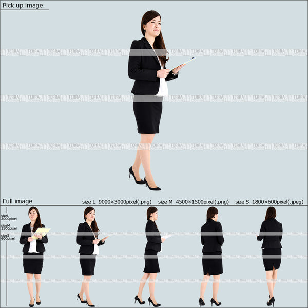 フリー人物切り抜き素材 無料お試し商品 歩く プレゼン 資料 スーツ1女性B 5方向セット