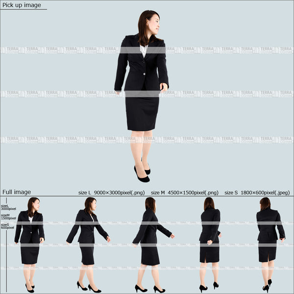 フリー人物切り抜き素材 Sサイズ無料 歩くスーツ1女性C 5方向セット