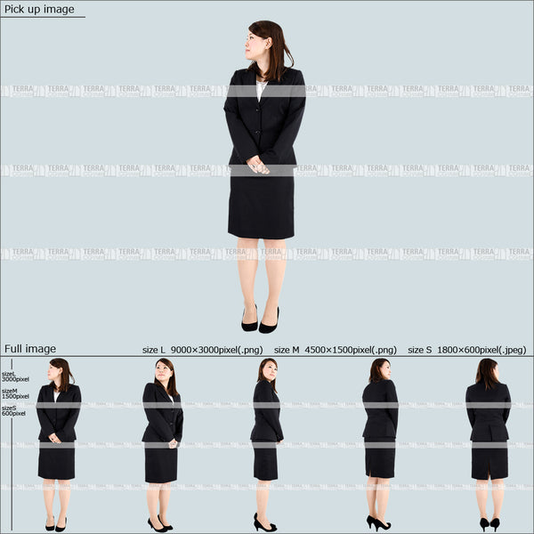 フリー人物切り抜き素材 Sサイズ無料 受付 接客 立つ 立ち止まるスーツ1女性C 5方向セット