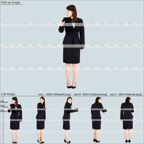 フリー人物切り抜き素材 Sサイズ無料 中に手を伸ばすスーツ1女性C 5方向セット