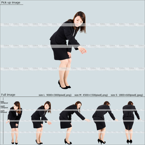 フリー人物切り抜き素材 Sサイズ無料 下に手を伸ばすスーツ1女性B 5方向セット