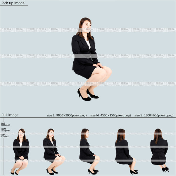 フリー人物切り抜き素材 Sサイズ無料 ローソファ 段差 階段 低い椅子 座るスーツ1女性C 5方向セット