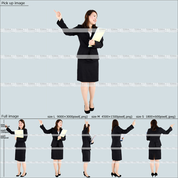 フリー人物切り抜き素材 無料お試し商品 歩く プレゼン 説明 資料 スーツ1女性C 5方向セット