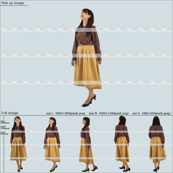フリー人物切り抜き素材 Sサイズ無料 上 見る 見上げる 歩く オフィスカジュアル女性1 5方向セット