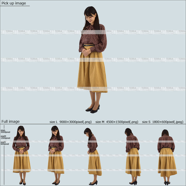 フリー人物切り抜き素材 Sサイズ無料 受付 接客 下 見る 頭を下げる 立つ 立ち止まるオフィスカジュアル女性1 5方向セット
