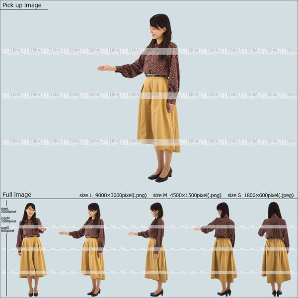 フリー人物切り抜き素材 Sサイズ無料 中に手を伸ばすオフィスカジュアル女性1 5方向セット