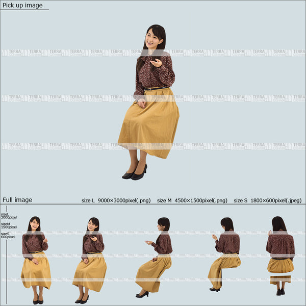 フリー人物切り抜き素材 Sサイズ無料 受付 接客 話す ハイチェア 座る オフィスカジュアル女性1 5方向セット