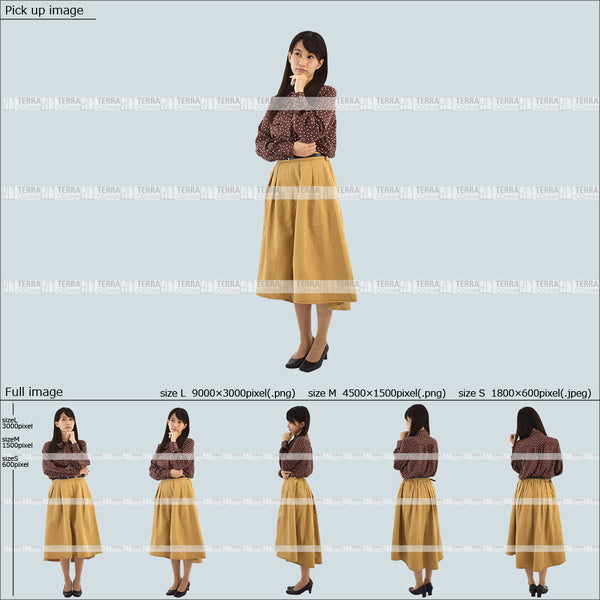 フリー人物切り抜き素材 Sサイズ無料 考える 悩む 立つ 立ち止まるオフィスカジュアル女性1 5方向セット