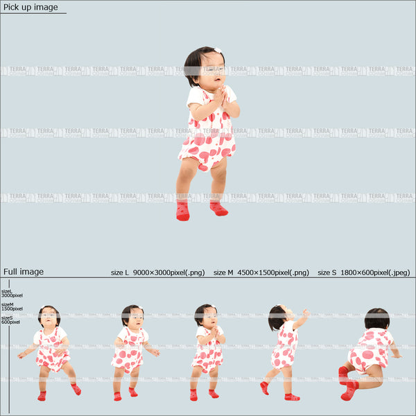 フリー人物切り抜き素材 歩く 立つ 遊ぶ 赤ちゃん 乳児カジュアル2女の子A 5方向セット