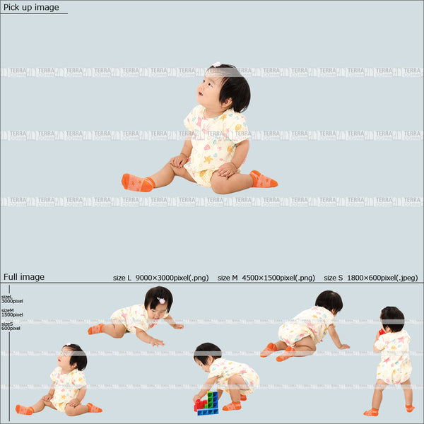 フリー人物切り抜き素材 無料お試し商品 座る 赤ちゃん 乳児カジュアル1女の子A 5方向セット