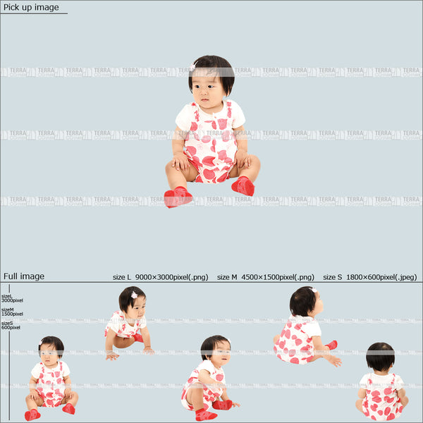 フリー人物切り抜き素材 座る 赤ちゃん 乳児カジュアル2女の子A 5方向セット