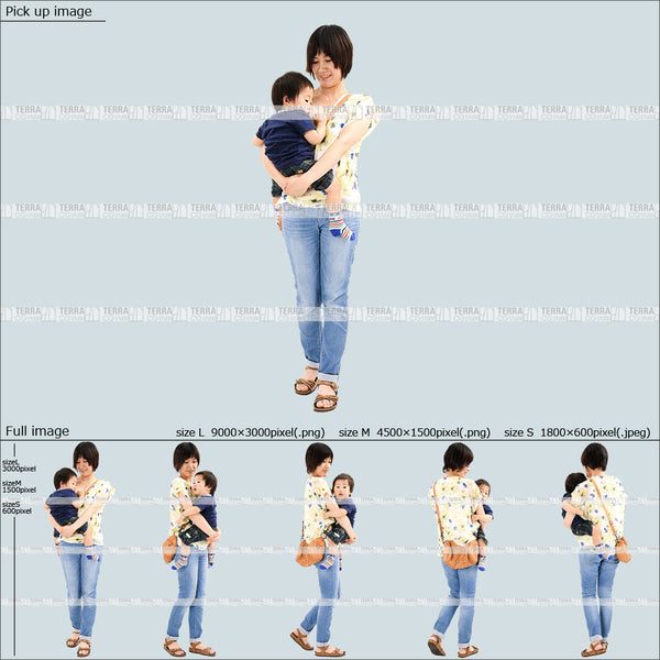 フリー人物切り抜き素材 抱っこ 赤ちゃん 乳児 歩く カジュアル3母親A 5方向セット