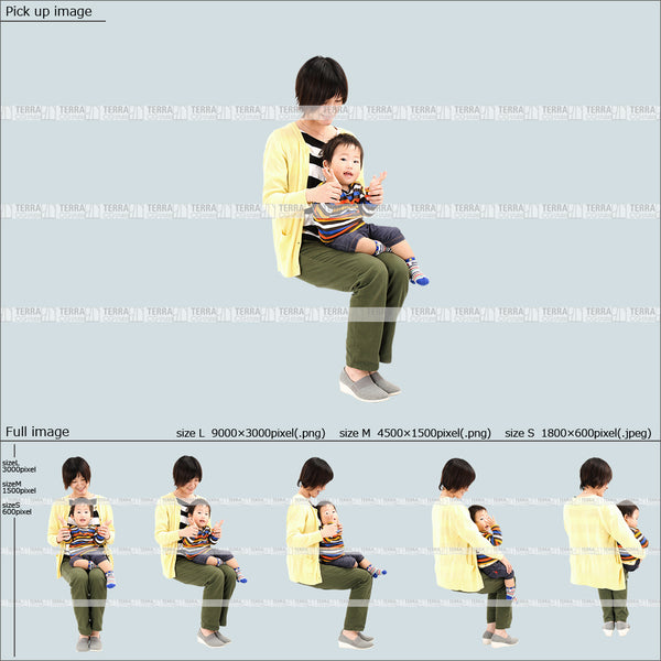 フリー人物切り抜き素材 赤ちゃん 乳児 座るカジュアル2母親A 5方向セット