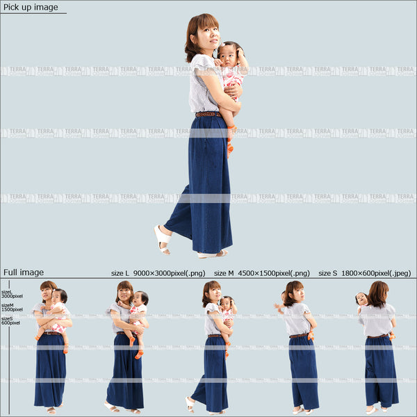 フリー人物切り抜き素材 抱っこ 赤ちゃん 乳児 歩く カジュアル1母親B 5方向セット
