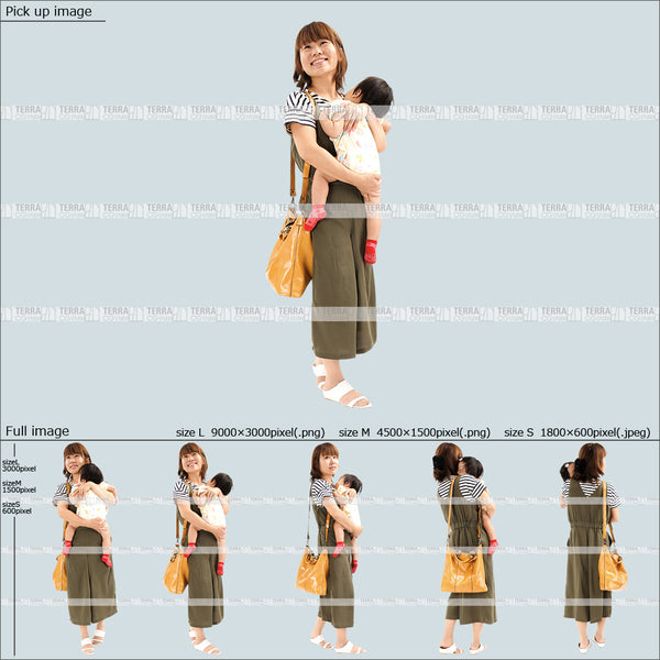フリー人物切り抜き素材 抱っこ 赤ちゃん 乳児 歩く カジュアル2母親B 5方向セット