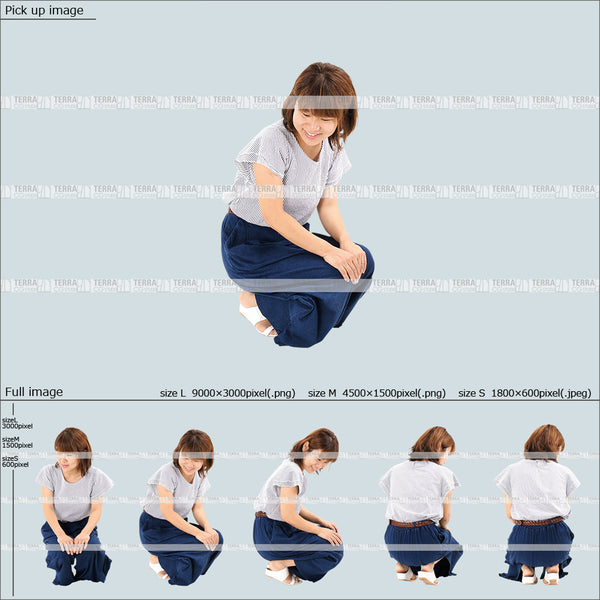フリー人物切り抜き素材 赤ちゃん 乳児 しゃがむカジュアル1母親A 5方向セット