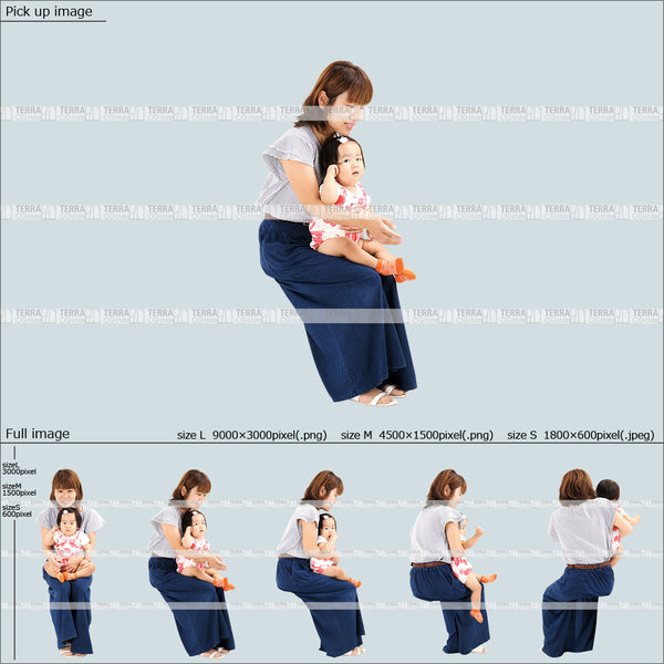 フリー人物切り抜き素材 赤ちゃん 乳児 座るカジュアル1母親B 5方向セット
