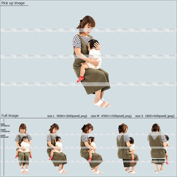 フリー人物切り抜き素材 赤ちゃん 乳児 座るカジュアル2母親B 5方向セット