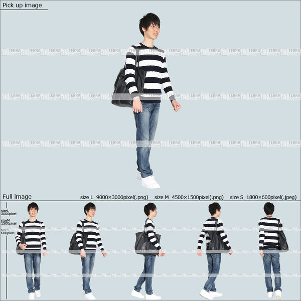 フリー人物切り抜き素材 無料お試し商品 春服 歩くカジュアル1男性D 5方向セット
