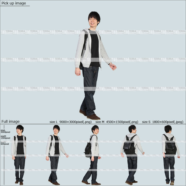 フリー人物切り抜き素材 Sサイズ無料 春服 歩くカジュアル2男性D 5方向セット