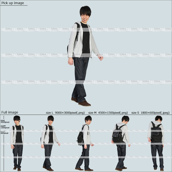 フリー人物切り抜き素材 Sサイズ無料 春服 下 見る 見下ろす 歩くカジュアル2男性D 5方向セット