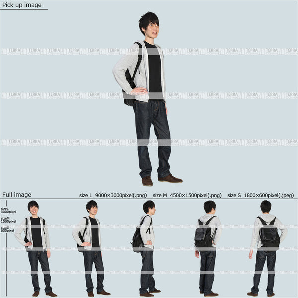 フリー人物切り抜き素材 Sサイズ無料 春服 立つ 立ち止まるカジュアル2男性D 5方向セット