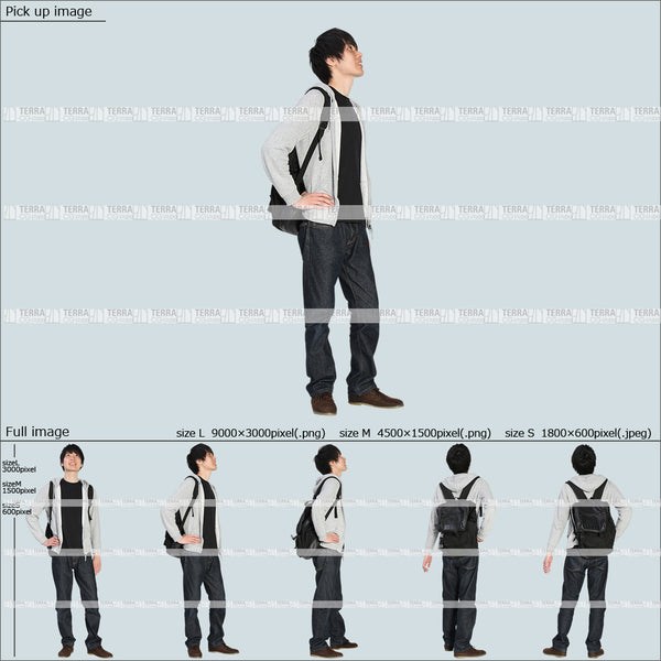 フリー人物切り抜き素材 Sサイズ無料 春服 上 見る 見上げる 立つ 立ち止まるカジュアル2男性D 5方向セット