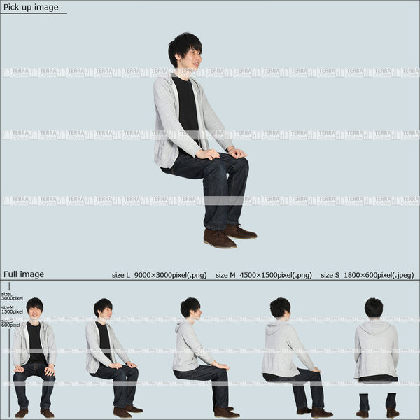 フリー人物切り抜き素材 Sサイズ無料 前 話す 座るカジュアル2男性D 5方向セット