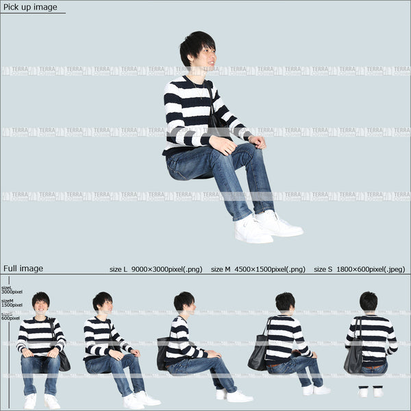 フリー人物切り抜き素材 Sサイズ無料 ローソファ 段差 階段 低い椅子 座るカジュアル1男性D 5方向セット
