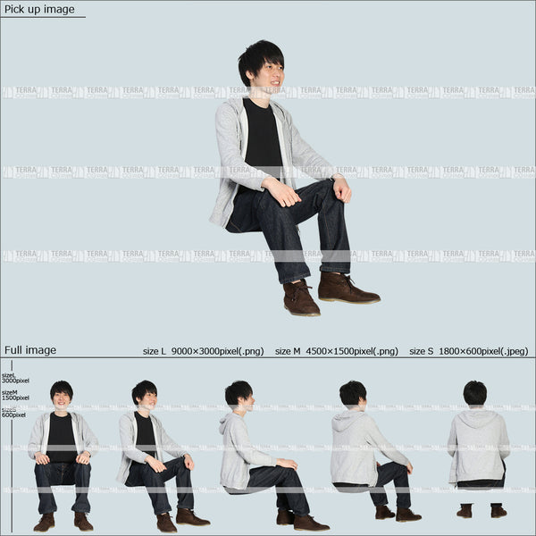 フリー人物切り抜き素材 Sサイズ無料 ローソファ 段差 階段 低い椅子 座るカジュアル2男性D 5方向セット