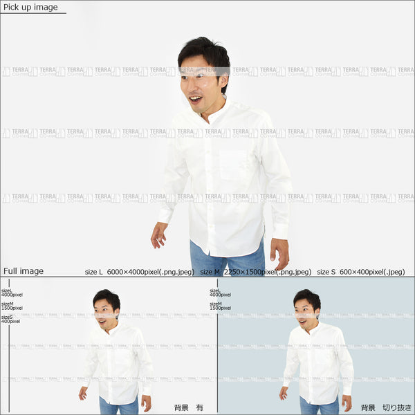 フリー人物切り抜き素材　イメージ写真　男性1　驚く　カジュアル　白シャツ