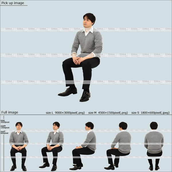 フリー人物切り抜き素材　Sサイズ無料　座る　オフィスカジュアル男性3　5方向セット
