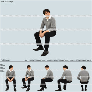 フリー人物切り抜き素材　Sサイズ無料　横　見る　座る　オフィスカジュアル男性3　5方向セット