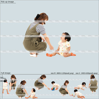 フリー人物切り抜き素材　組み合わせ　乳児　床　座る　遊ぶカジュアル家族1　5方向セット