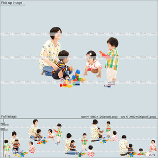 フリー人物切り抜き素材　組み合わせ　乳児　床　座る　遊ぶカジュアル家族2　5方向セット