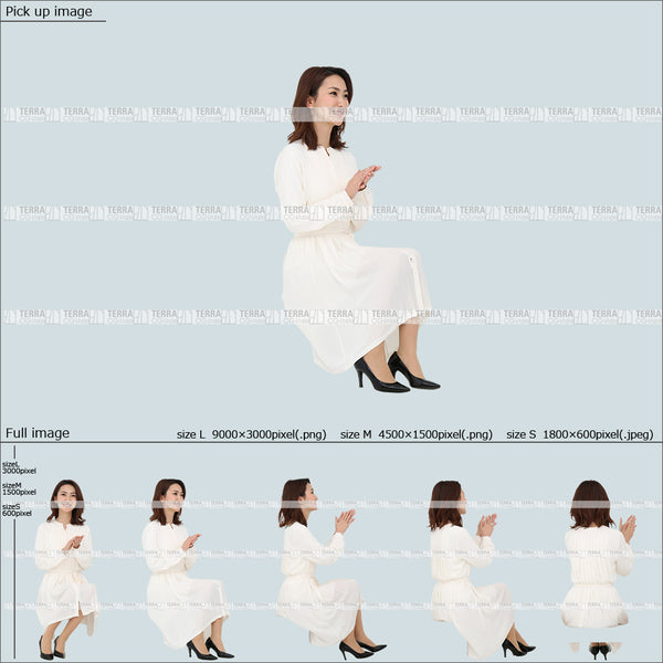 フリー人物切り抜き素材　Sサイズ無料　ローソファ　正面　話す　段差　階段　低い椅子　座るカジュアル1女性E　5方向セット