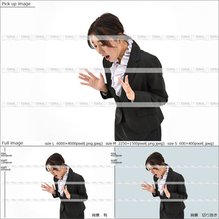 フリー人物切り抜き素材　イメージ写真　女性3　驚く　びっくり　横　オフィス　ビジネススーツ