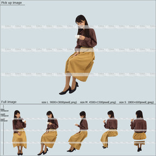 フリー人物切り抜き素材　Sサイズ無料　カフェ　コーヒーを飲む　ハイチェア　座る　オフィスカジュアル女性1　5方向セット