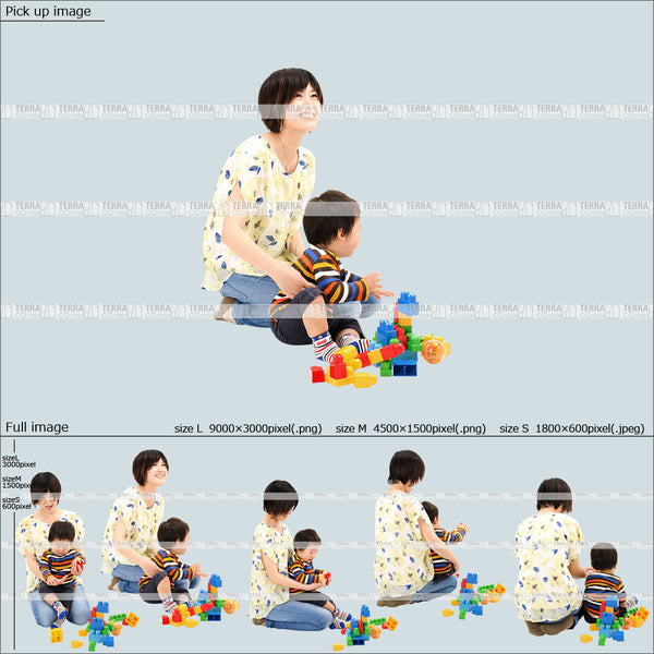 フリー人物切り抜き素材　母親　遊ぶ　赤ちゃん　乳児カジュアル2男の子A　5方向セット