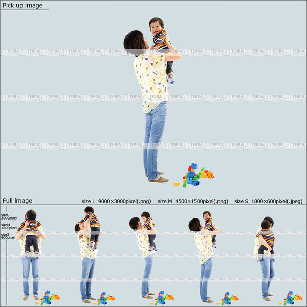 フリー人物切り抜き素材　母親　抱っこ　遊ぶ　赤ちゃん　乳児カジュアル2男の子A　5方向セット