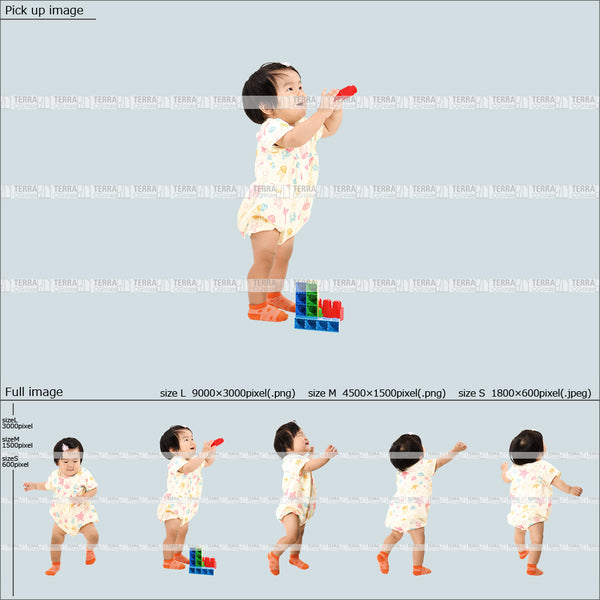 フリー人物切り抜き素材　歩く　立つ　遊ぶ　赤ちゃん　乳児カジュアル1女の子A　5方向セット