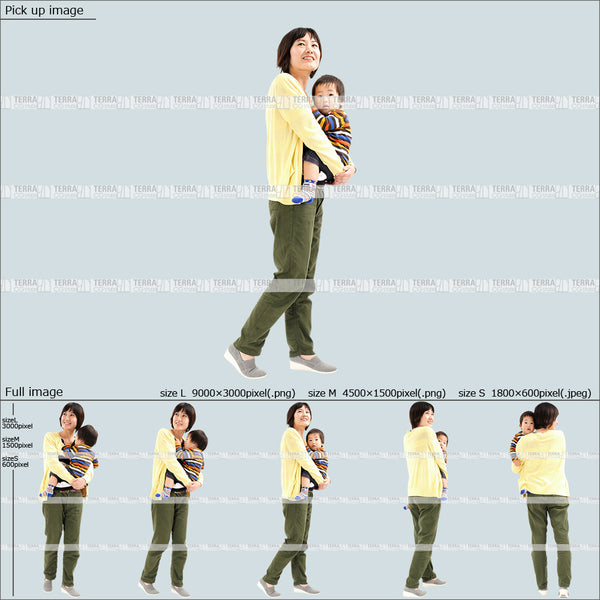 フリー人物切り抜き素材　抱っこ　赤ちゃん　乳児　歩く　カジュアル2母親A　5方向セット