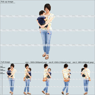 フリー人物切り抜き素材　抱っこ　赤ちゃん　乳児　歩く　カジュアル3母親A　5方向セット