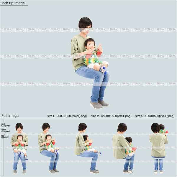 フリー人物切り抜き素材　赤ちゃん　乳児　座るカジュアル1母親A　5方向セット