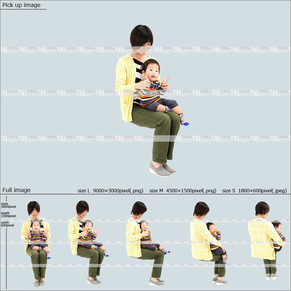 フリー人物切り抜き素材　赤ちゃん　乳児　座るカジュアル2母親A　5方向セット