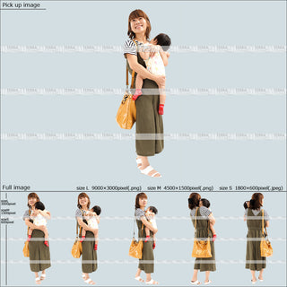フリー人物切り抜き素材　抱っこ　赤ちゃん　乳児　歩く　カジュアル2母親B　5方向セット