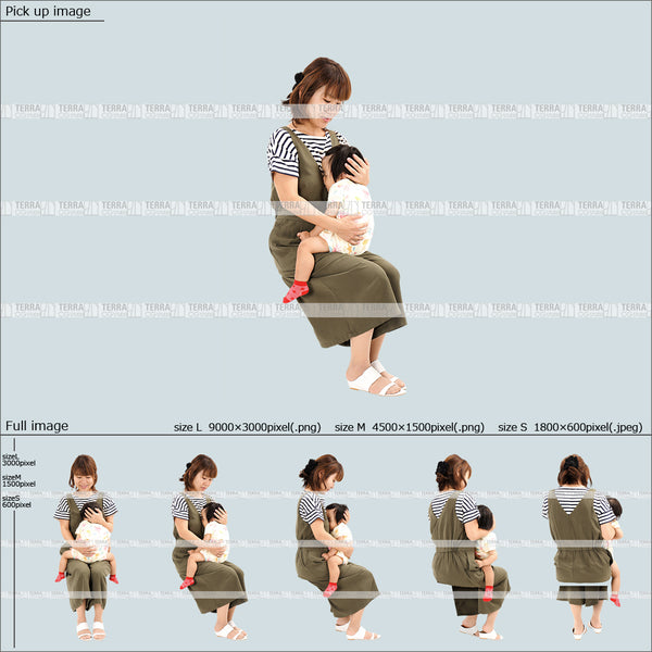 フリー人物切り抜き素材　赤ちゃん　乳児　座るカジュアル2母親B　5方向セット